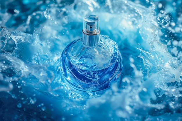 Foto botella de perfume con humo azul místico