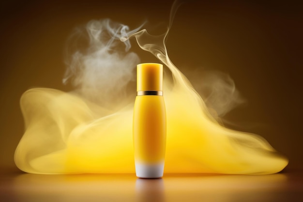 Botella de perfume con humo sobre fondo amarillo