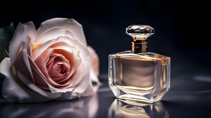 Una botella de perfume junto a una flor.