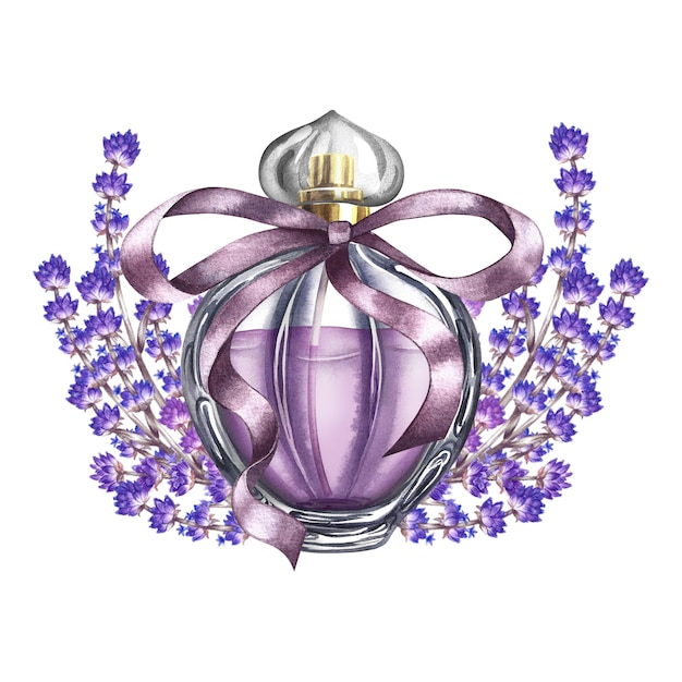 Una botella de perfume de lavanda y flores de lavanda Una ilustración de acuarela hecha a mano