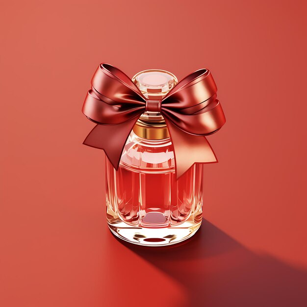 Botella de perfume con lazo rojo en fondo rojo ilustración 3d