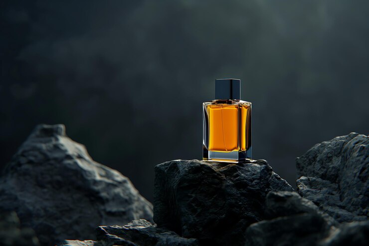 Botella de perfume de lujo colocada en una plantilla de maqueta de fondo oscuro para la presentación del producto