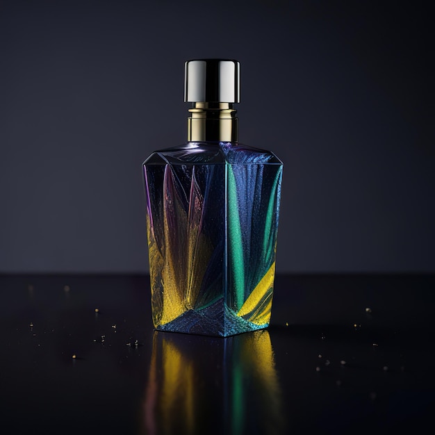 Botella de perfume de lujo con detalles de colores sobre un fondo oscuro