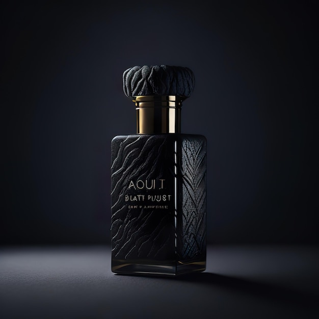 Botella de perfume de lujo con detalles negros sobre un fondo oscuro