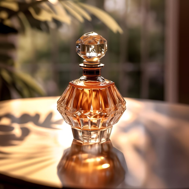 Botella de perfume de lujo generativa con líquido dorado o marrón