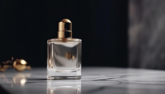 Botella de perfume de lujo en la mesa en estilo moderno sobre fondo negro ai generativo