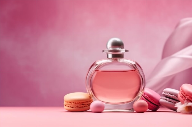 Una botella de perfume con macarrones sobre un fondo rosa.