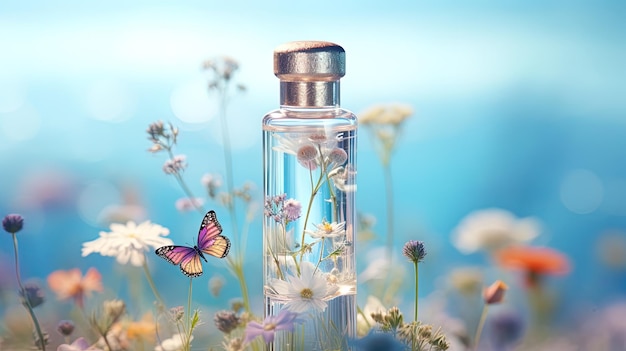 una botella de perfume con una mariposa en la parte superior
