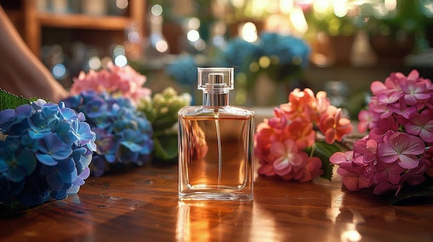Botella de perfume en una mesa de madera