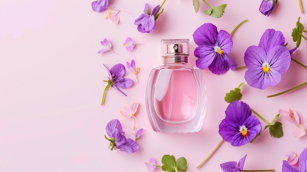 Foto botella de perfume para mujeres y flores de violetas en fondo rosa