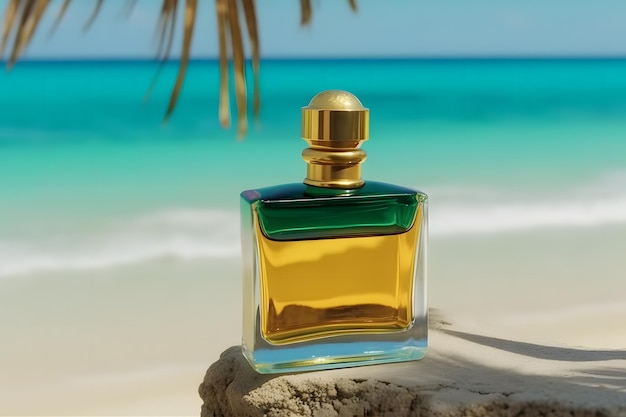 Una botella de perfume en la orilla del mar está envuelta en una ola Arena amarilla en la playa Cosméticos y fragancias marinas Red neuronal IA generada
