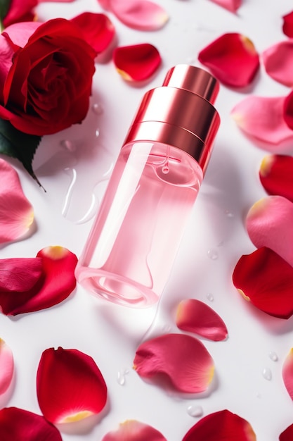 Una botella de perfume con pétalos de rosa alrededor.