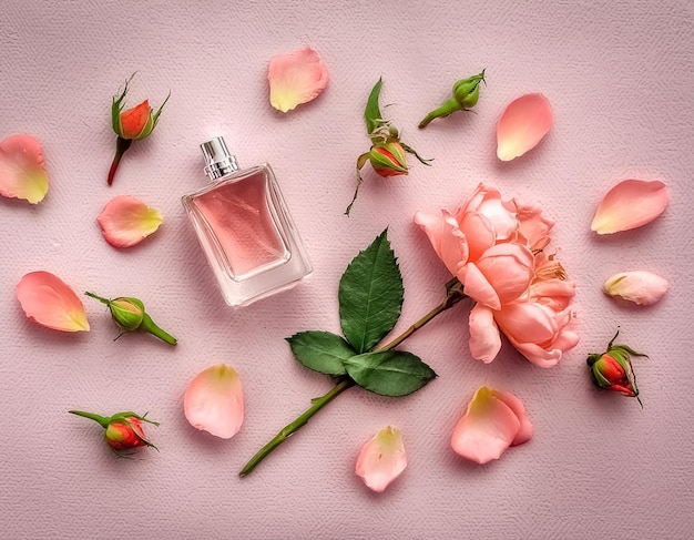 Una botella de perfume plana rodeada de hermosas flores desde arriba