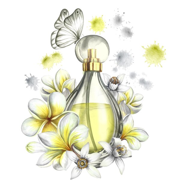 Una botella de perfume con plumeria frangipani y flores de naranja Ilustración en acuarela