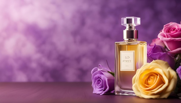 una botella de perfume porta con una rosa amarilla en el fondo