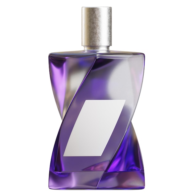 Botella de perfume púrpura con etiqueta en blanco contra un fondo negro