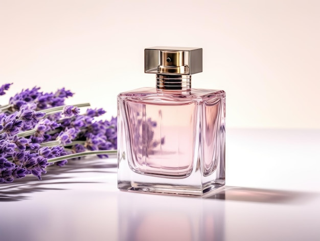 una botella de perfume púrpura rodeada de lavanda sobre un fondo blanco