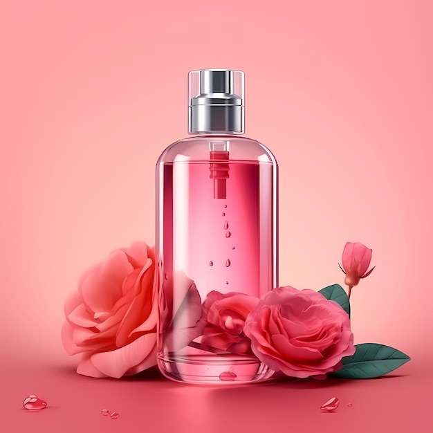 Botella de perfume rosa en fondo rosa pastel rosas como aderezo conjunto botellas de producto limpio sin etiquetas