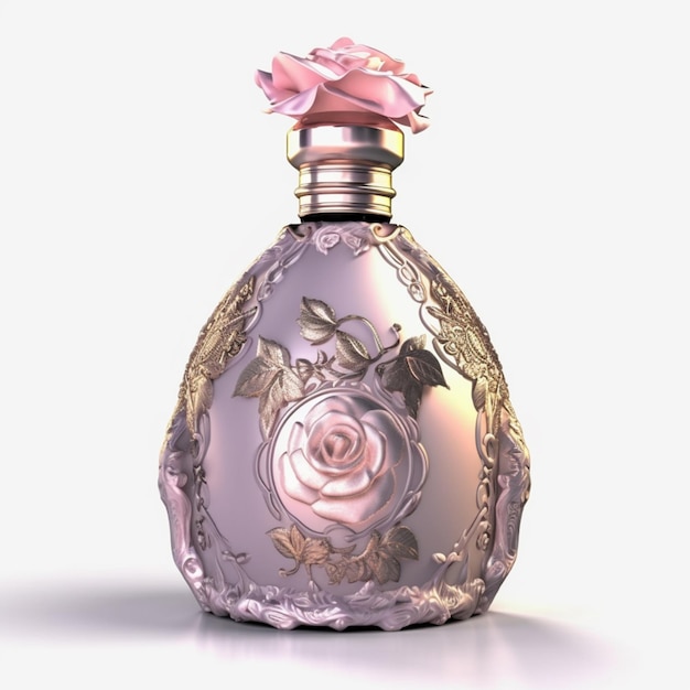 Una botella de perfume con una rosa en la parte superior.