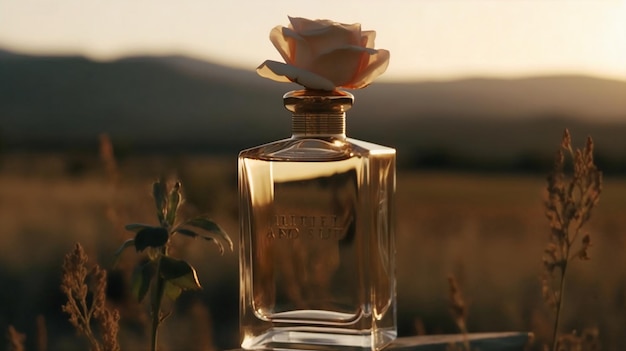 Una botella de perfume con una rosa en la parte superior.