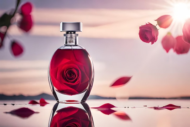 Una botella de perfume con una rosa roja al fondo.