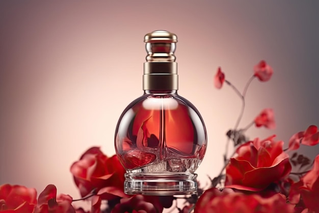 Una botella de perfume con una rosa roja al fondo.