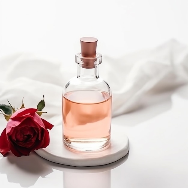 Una botella de perfume con una rosa sobre un fondo blanco.