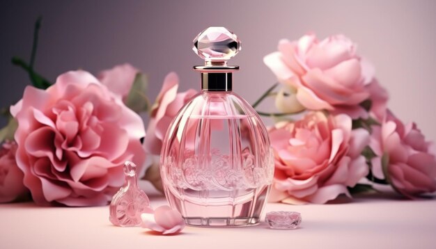 botella de perfume con rosas rosas en el suelo