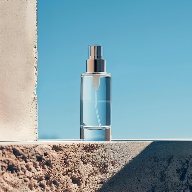 Una botella de perfume sentada en una repisa al lado de una pared y un alféizar de la ventana con un cielo azul en el fondo
