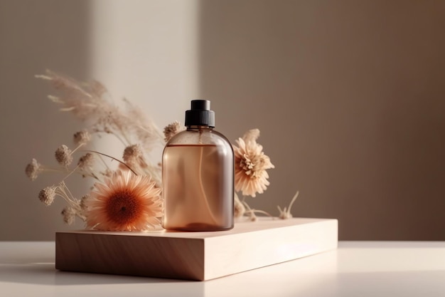 Una botella de perfume se sienta en una bandeja de madera con flores sobre la mesa.