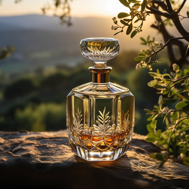 una botella de perfume se sienta en una roca frente a un árbol