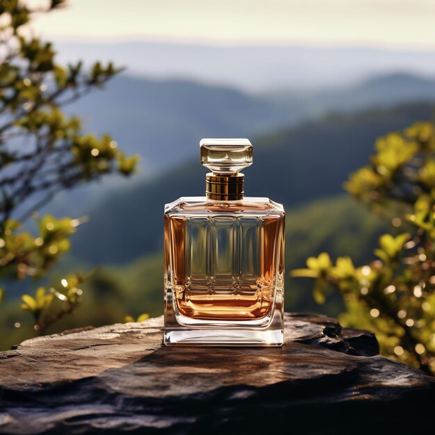 una botella de perfume se sienta en una roca con una montaña en el fondo.