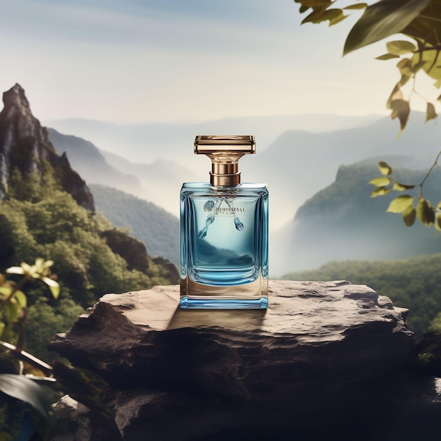 una botella de perfume se sienta en una roca con una montaña en el fondo.