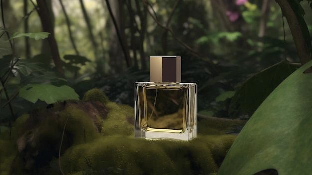 Una botella de perfume simulada en el bosque con un fondo verde