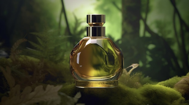 Una botella de perfume simulada con un fondo de bosque verde