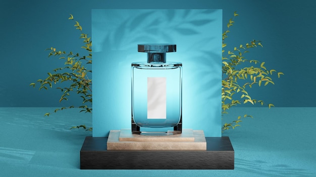 Botella de perfume sobre fondo azul brillante Loción facial aire lleno de fragancia Perfumes cosméticos 3d render