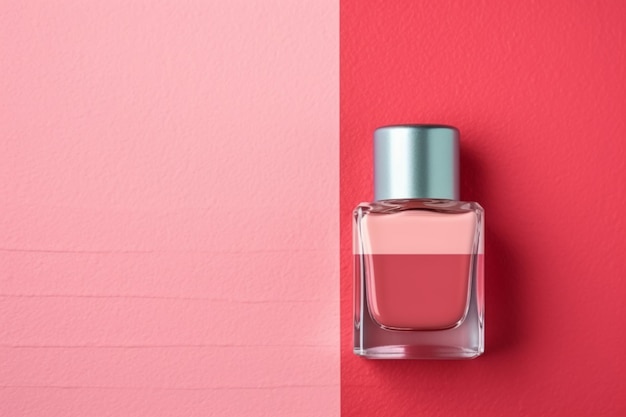 Una botella de perfume sobre un fondo rosa.