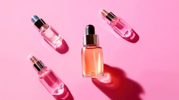 Una botella de perfume sobre un fondo rosa.