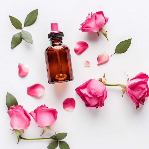 Una botella de perfume con una tapa rosa y rosas sobre la mesa.