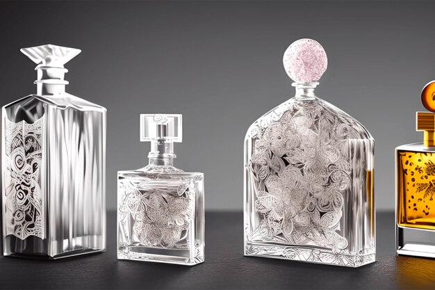 Botella de perfume transparente en un fondo de estudio increíble botella de perfume Mockup