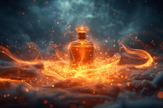 Una botella de perfume vacía contra un fondo de fuego y humo ilustración 3d