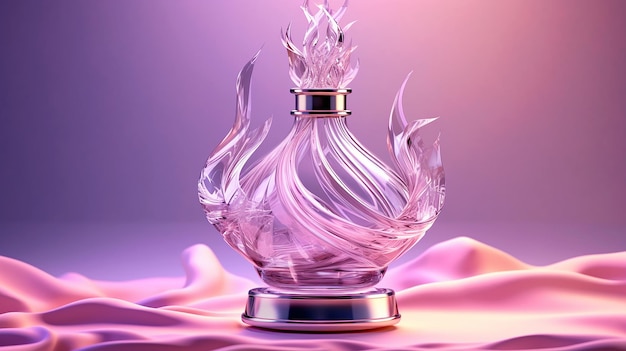 botella de perfume de vidrio o cristal de lujo con ondas de humo de fondo en tema púrpura rosa
