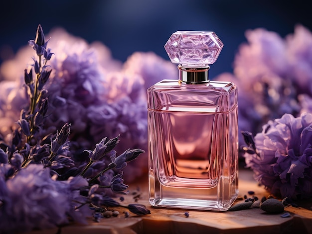 una botella de perfume violeta rodeada de lavanda