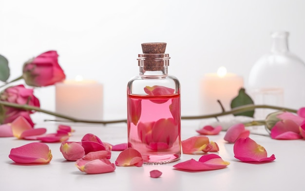 Una botella de pétalos de flores rosas sobre una mesa con una vela detrás.