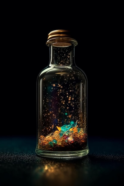 Una botella de piedras de colores está llena de líquido dorado y azul.