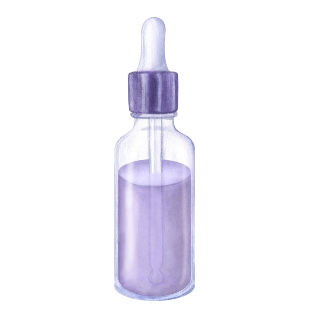 Botella de pipeta púrpura vidrio plástico cosmético Loción de aceite de lavanda Dibujar a mano ilustración acuarela aislado sobre fondo blanco