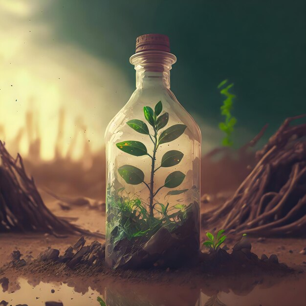 una botella con una planta creciendo dentro de ella