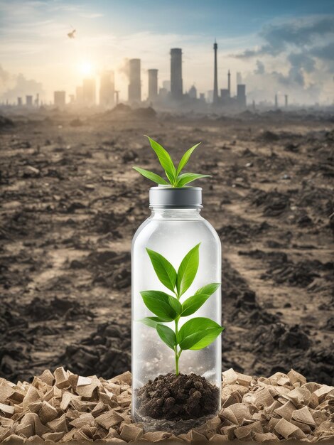 Una botella con una planta dentro creciendo y en la parte inferior un lugar contaminado medio ambiente vida en la tierra