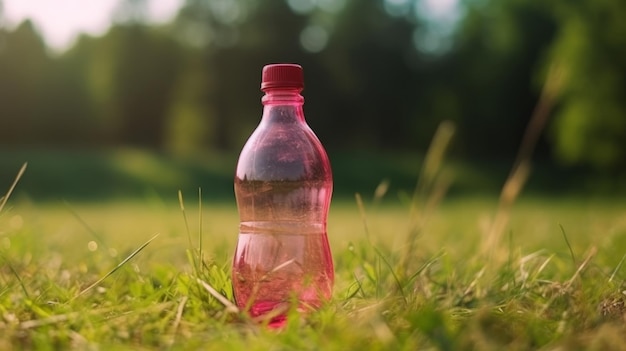 Botella de plástico de agua dulce en el suelo en el bosque Generativo ai