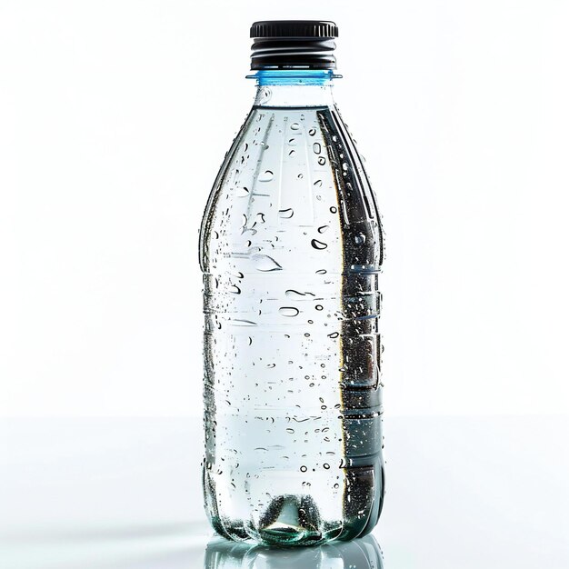 Foto botella de plástico de agua con gotas de agua en un fondo blanco